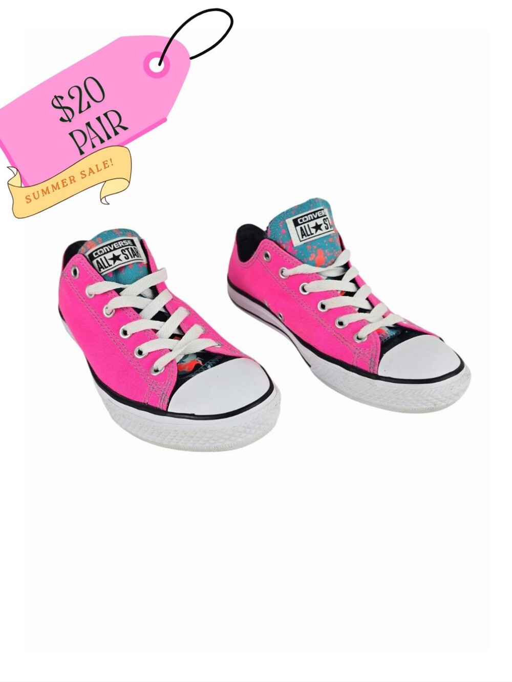 Converse Chuck Taylor Double Tongue Neon Pink Teal Splatter Low Top- Women's 6